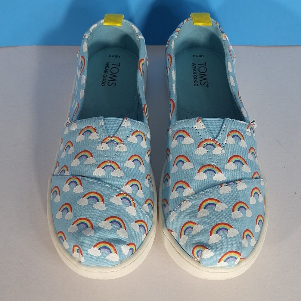 TOMS Kids Rainbow Slip-On Shoes Sz Y2 Light Blue Canvas Alpargata School & Play